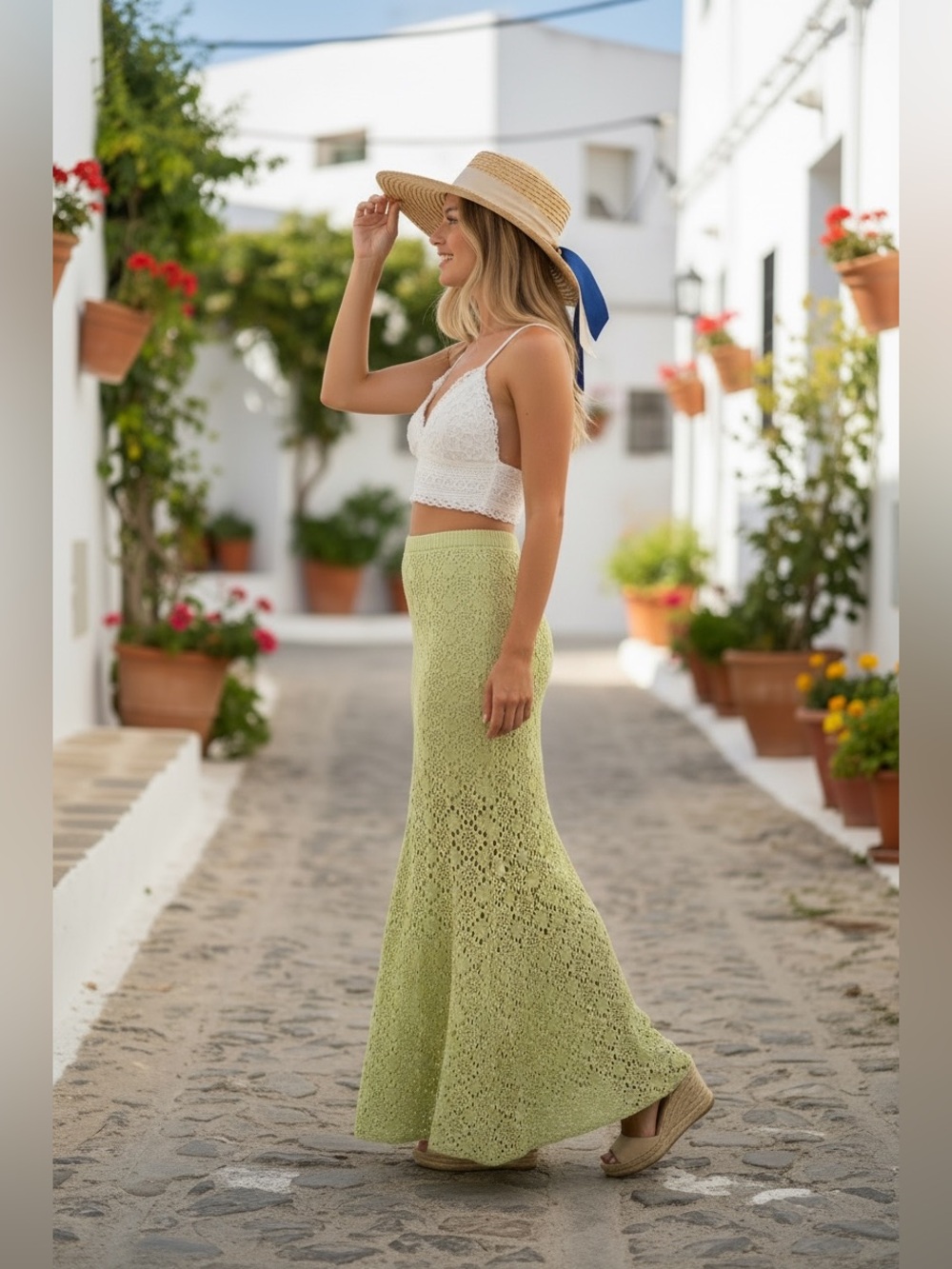 188 • Mermaid Crochet Maxi Skirt | Avocado Green Maxi Skirt - Picture 2 of 6